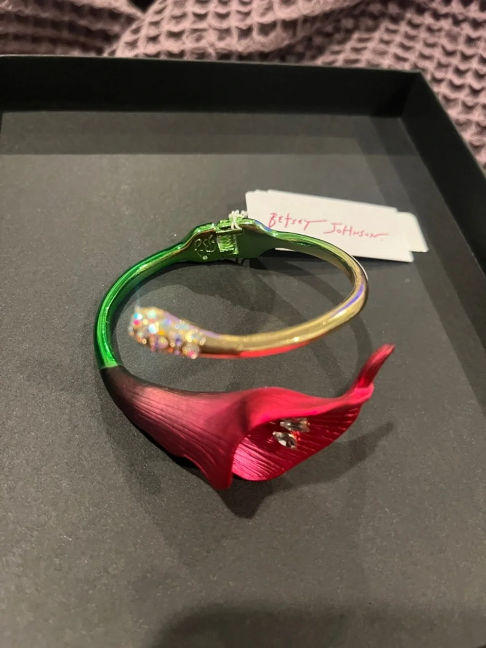 Betsey Johnson Gold Tone Bracelet with Pink Calla Lily and Green Stem